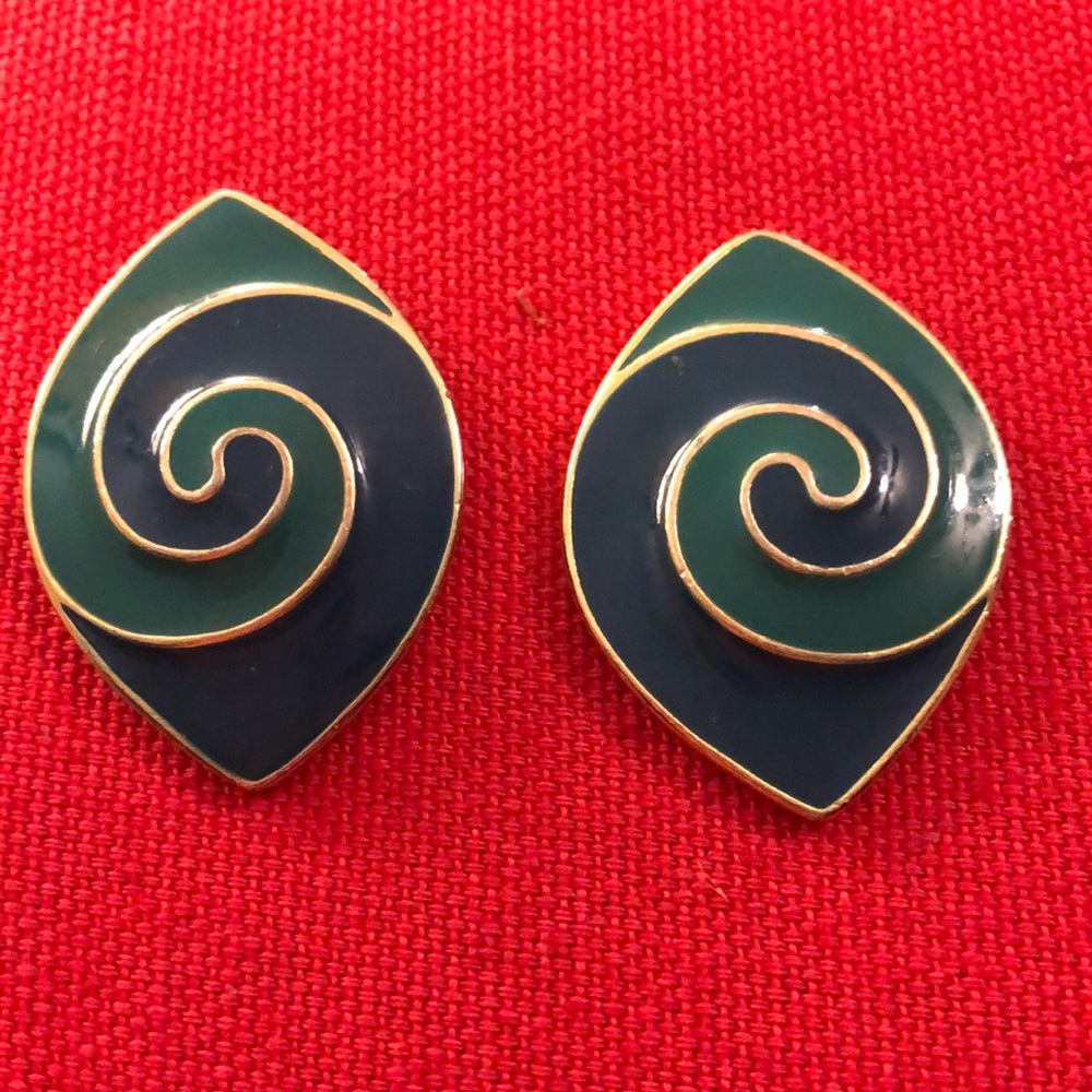Vintage Trifari Pierced Green Enamel and Gold Tone Earrings